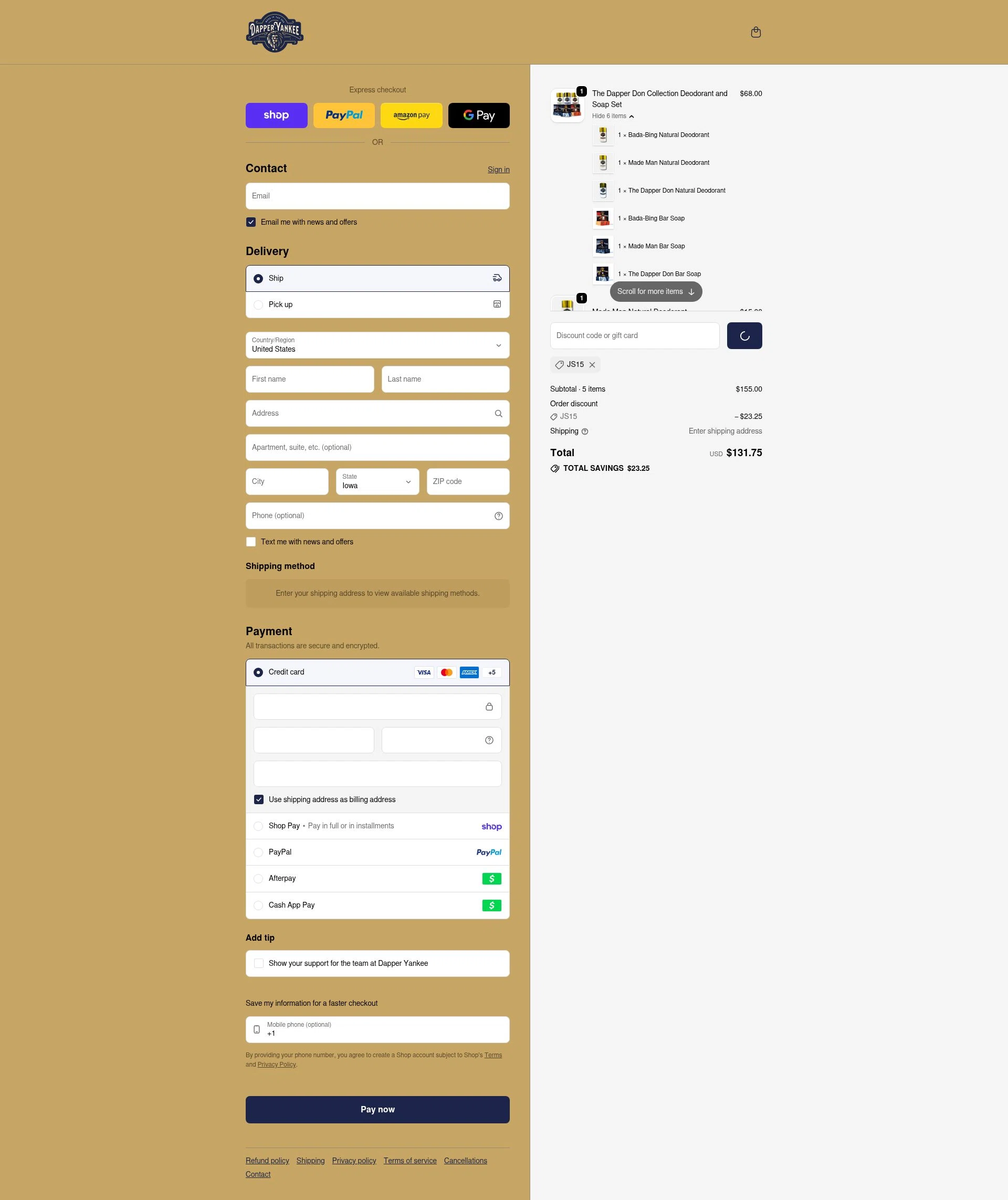 Dapper Yankee checkout page showing Dapper Yankee discount code box | Screenshot taken by SimplyCodes community member on Feb 23, 2026