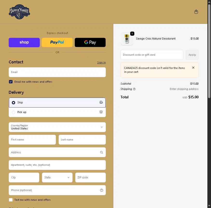 Dapper Yankee checkout page showing Dapper Yankee discount code box | Screenshot taken by SimplyCodes community member on Feb 23, 2026