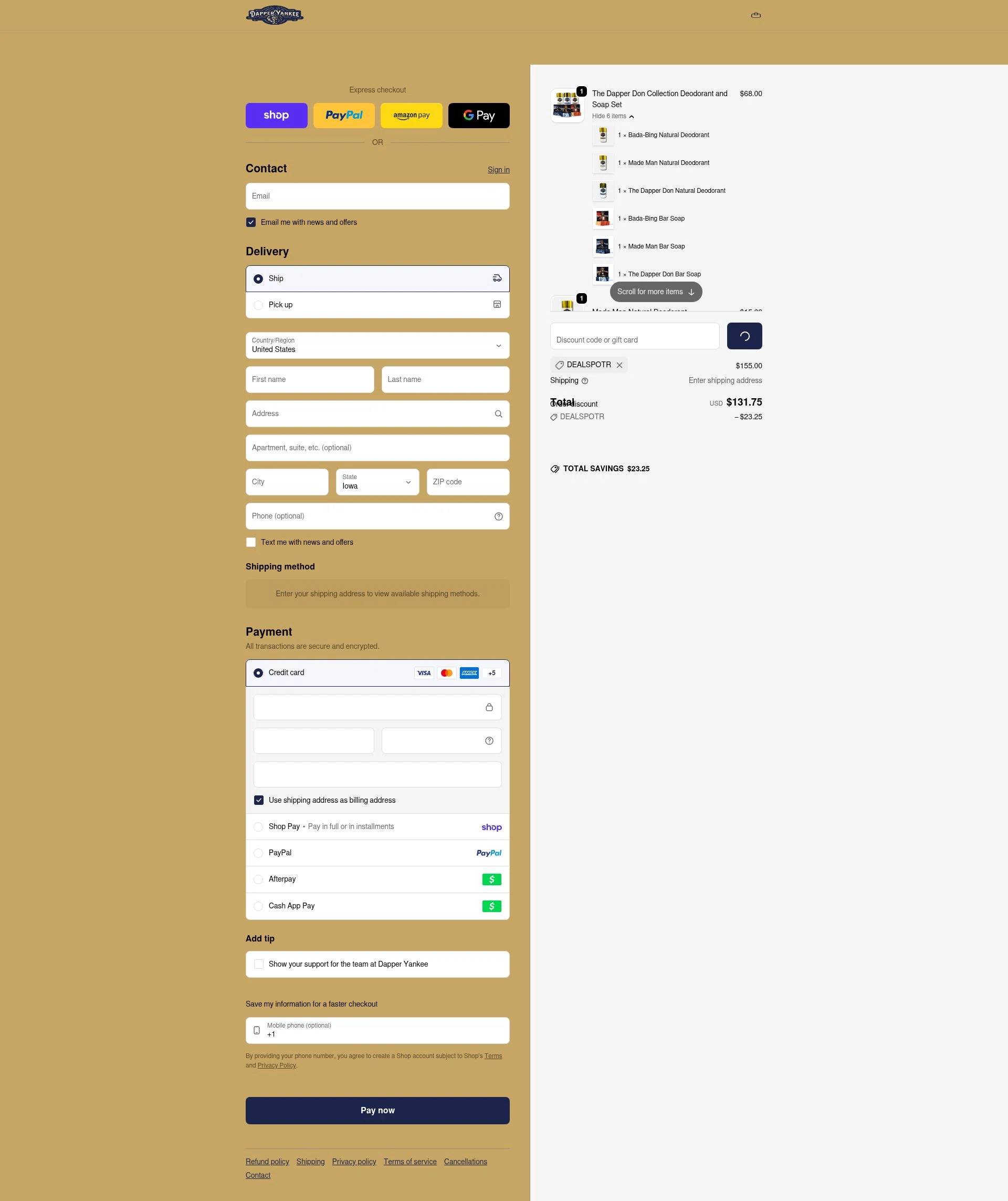 Dapper Yankee checkout page showing Dapper Yankee discount code box | Screenshot taken by SimplyCodes community member on Feb 23, 2026