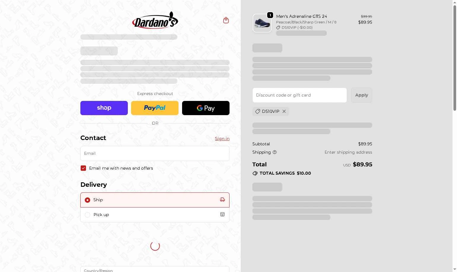 Dardano's Shoes checkout page showing Dardano's Shoes promo code box | Screenshot taken by SimplyCodes community member on Jan 31, 2026