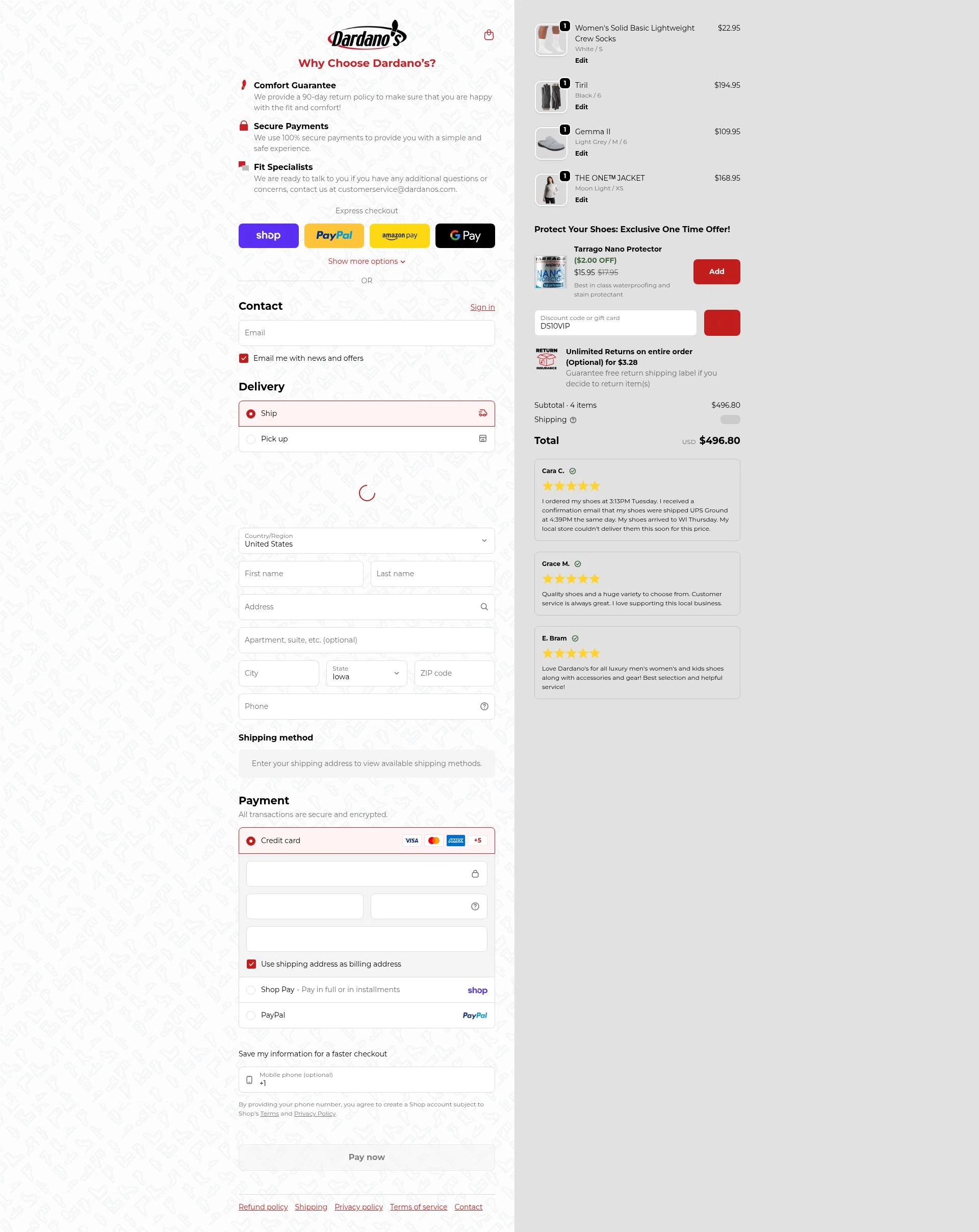Dardano's Shoes checkout page showing Dardano's Shoes promo code box | Screenshot taken by SimplyCodes community member on Jan 31, 2026