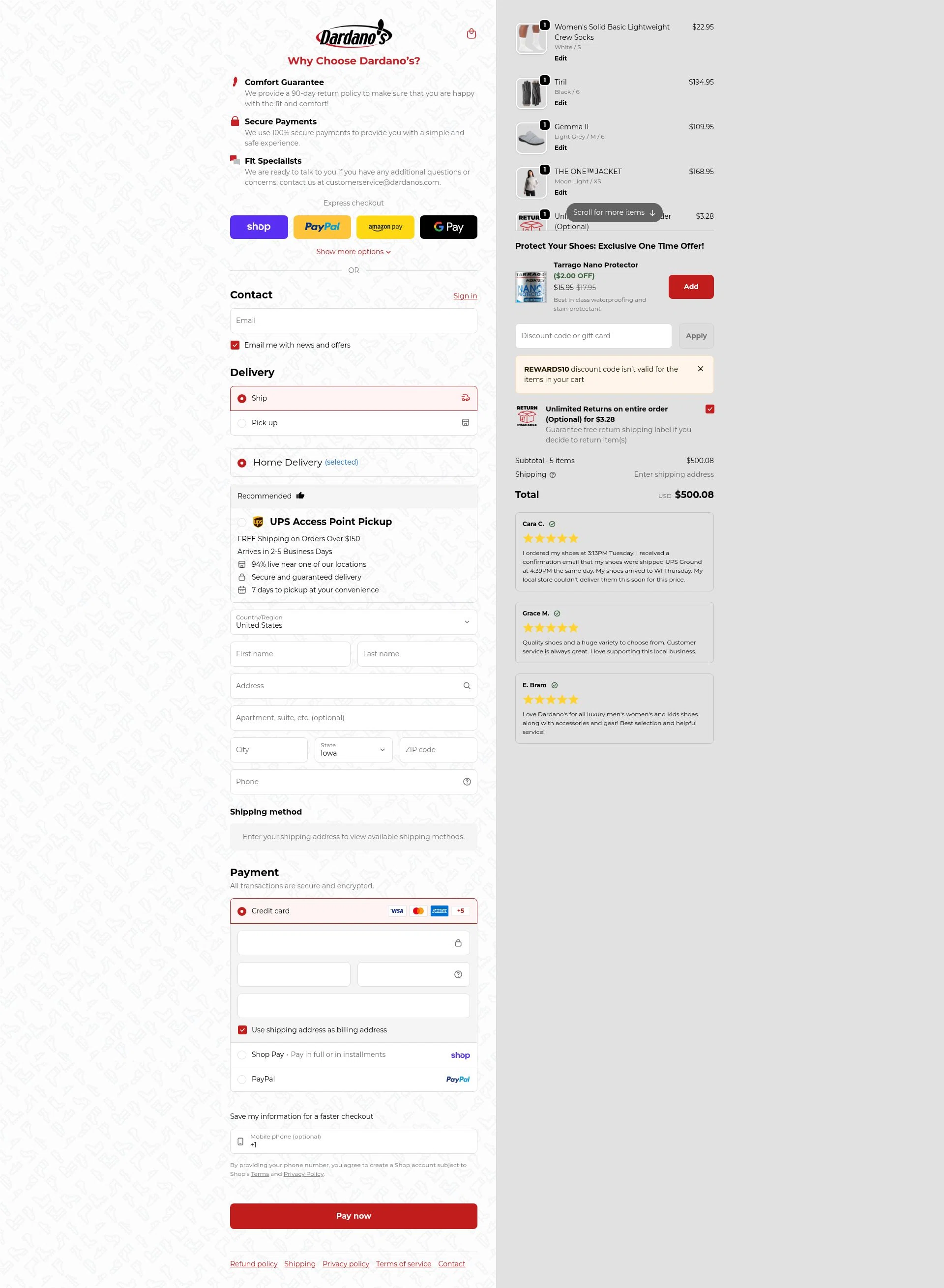 Dardano's Shoes checkout page showing Dardano's Shoes promo code box | Screenshot taken by SimplyCodes community member on Feb 4, 2026