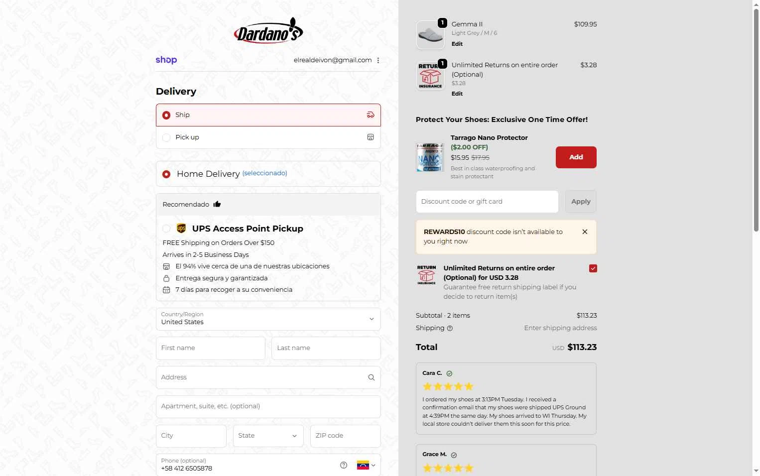 Dardano's Shoes checkout page showing Dardano's Shoes promo code box | Screenshot taken by SimplyCodes community member on Feb 2, 2026