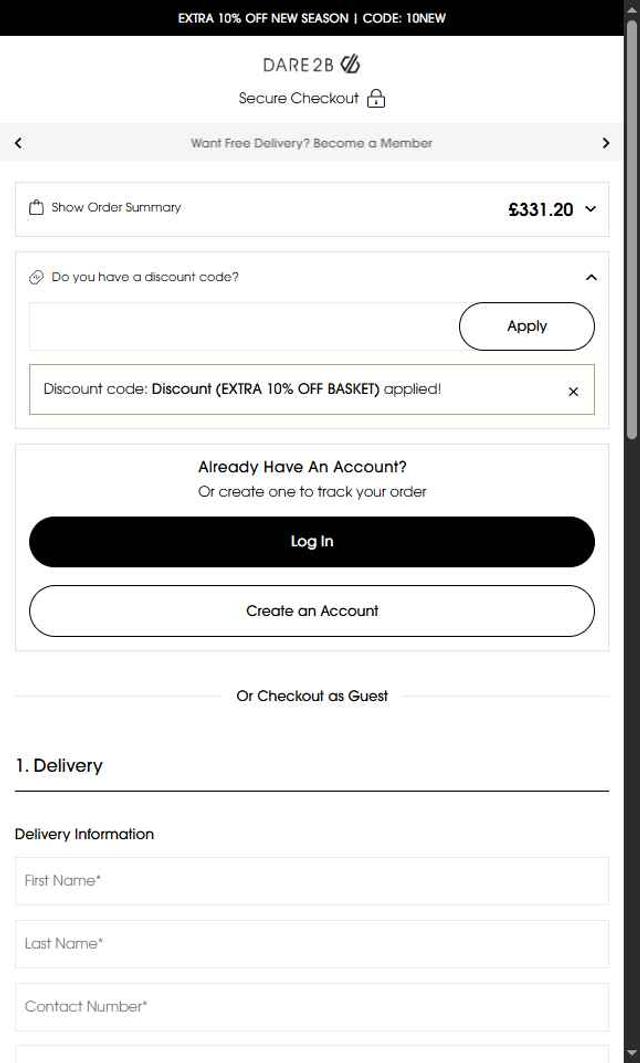 Dare2b checkout page showing Dare2b promo code box | Screenshot taken by SimplyCodes community member on Sep 10, 2025