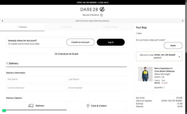 Dare2b checkout page showing Dare2b promo code box | Screenshot taken by SimplyCodes community member on Aug 21, 2025
