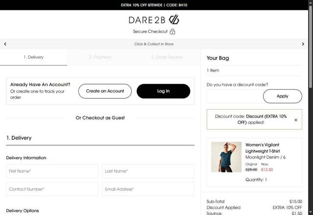 Dare2b checkout page showing Dare2b promo code box | Screenshot taken by SimplyCodes community member on Aug 20, 2025