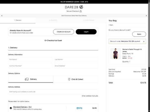 Dare2b checkout page showing Dare2b promo code box | Screenshot taken by SimplyCodes community member on Aug 27, 2025