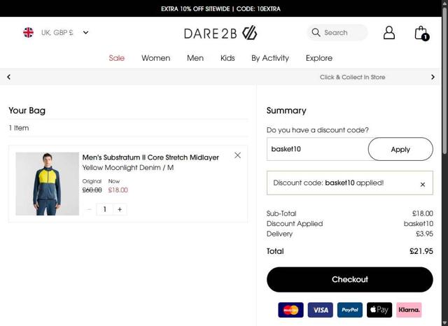 Dare2b checkout page showing Dare2b promo code box | Screenshot taken by SimplyCodes community member on Jul 23, 2025