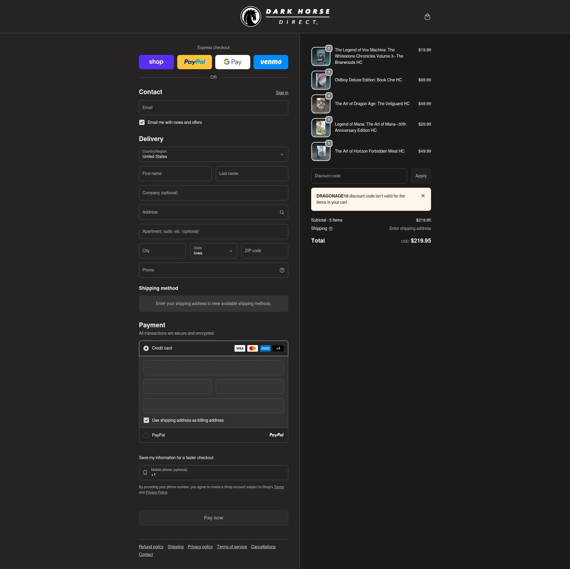 Dark Horse Comics checkout page showing Dark Horse Comics discount code box | Screenshot taken by SimplyCodes community member on Jan 31, 2026