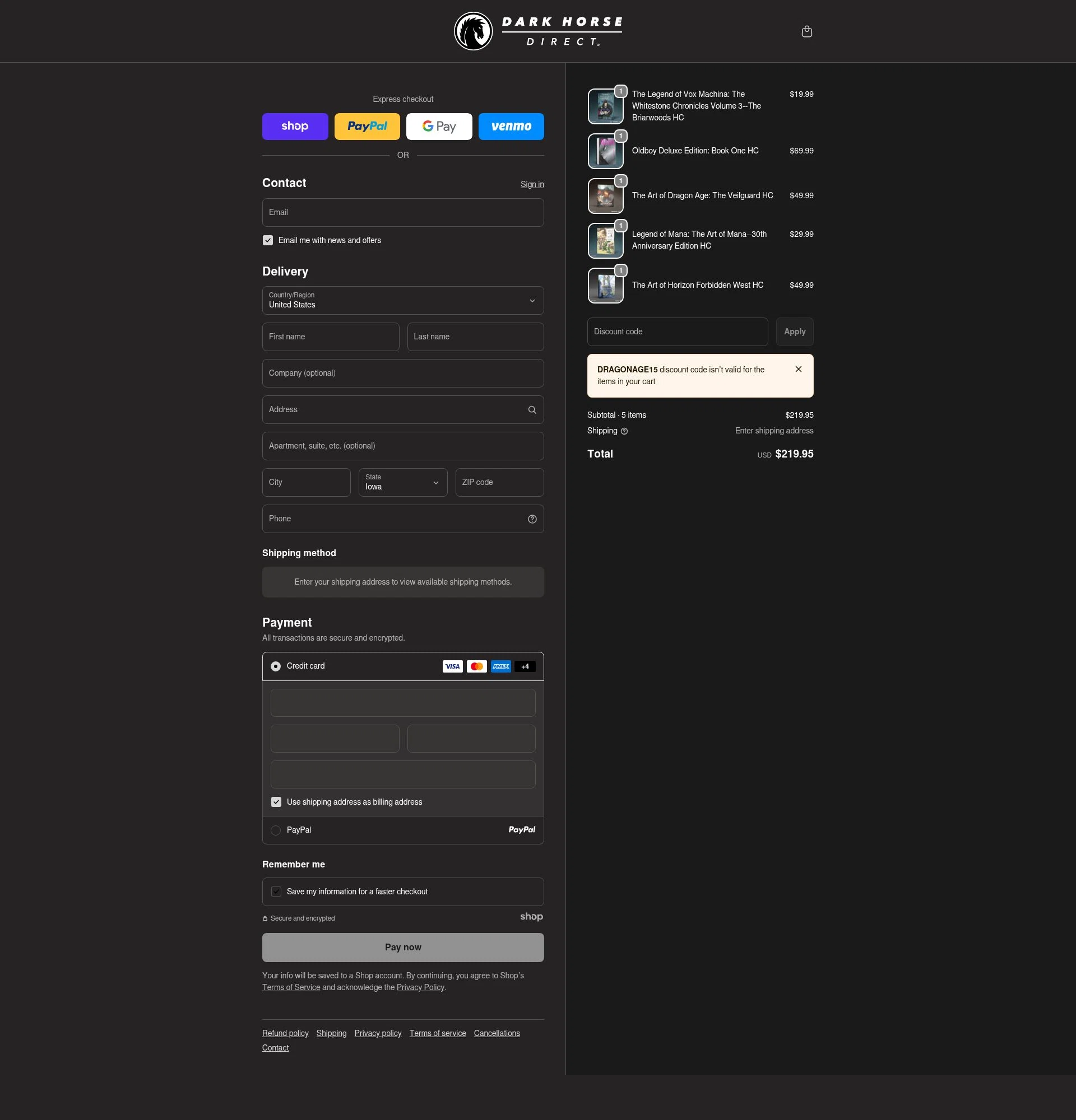 Dark Horse Comics checkout page showing Dark Horse Comics discount code box | Screenshot taken by SimplyCodes community member on Jan 17, 2026