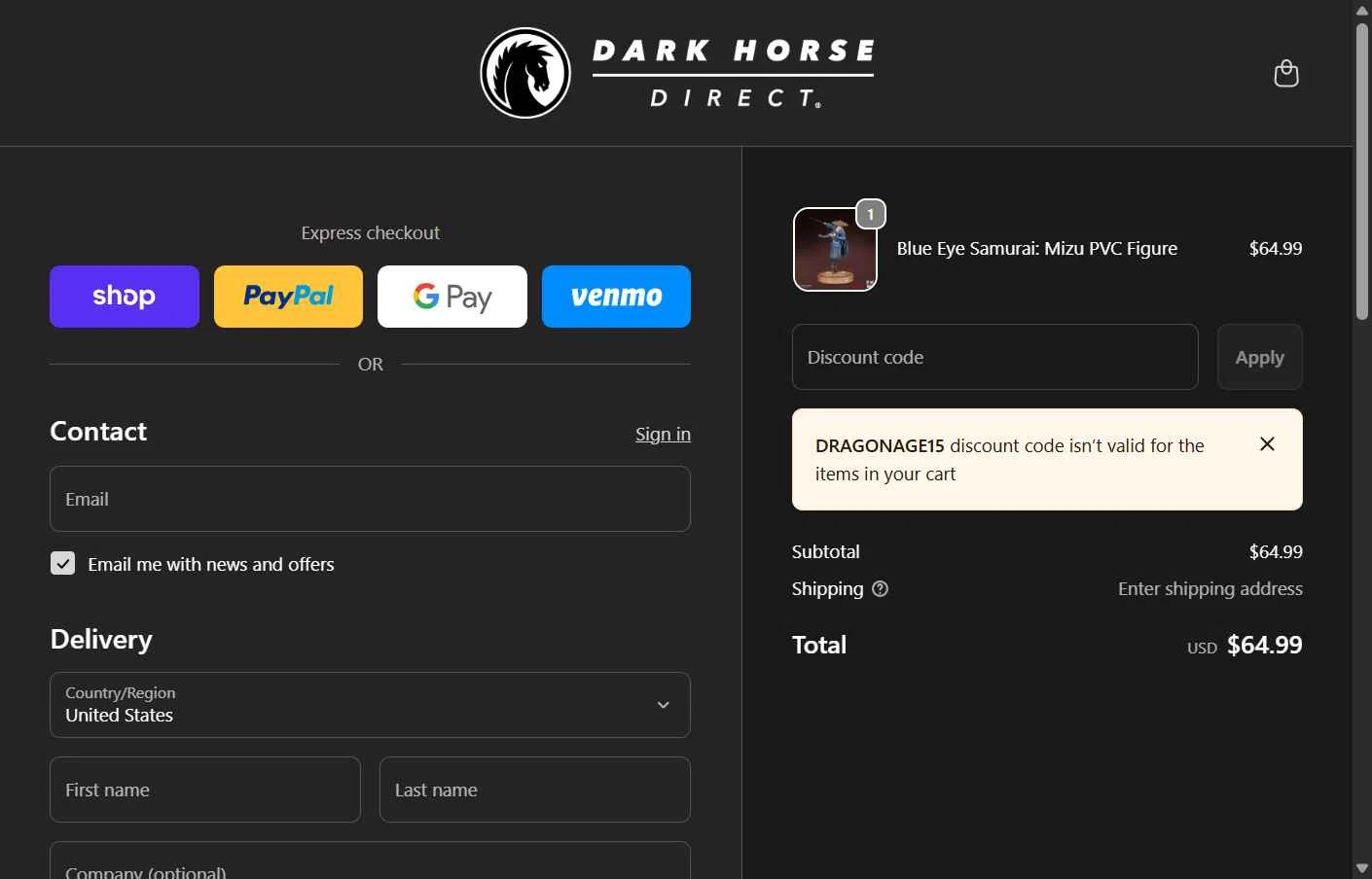 Dark Horse Comics checkout page showing Dark Horse Comics discount code box | Screenshot taken by SimplyCodes community member on Jan 17, 2026