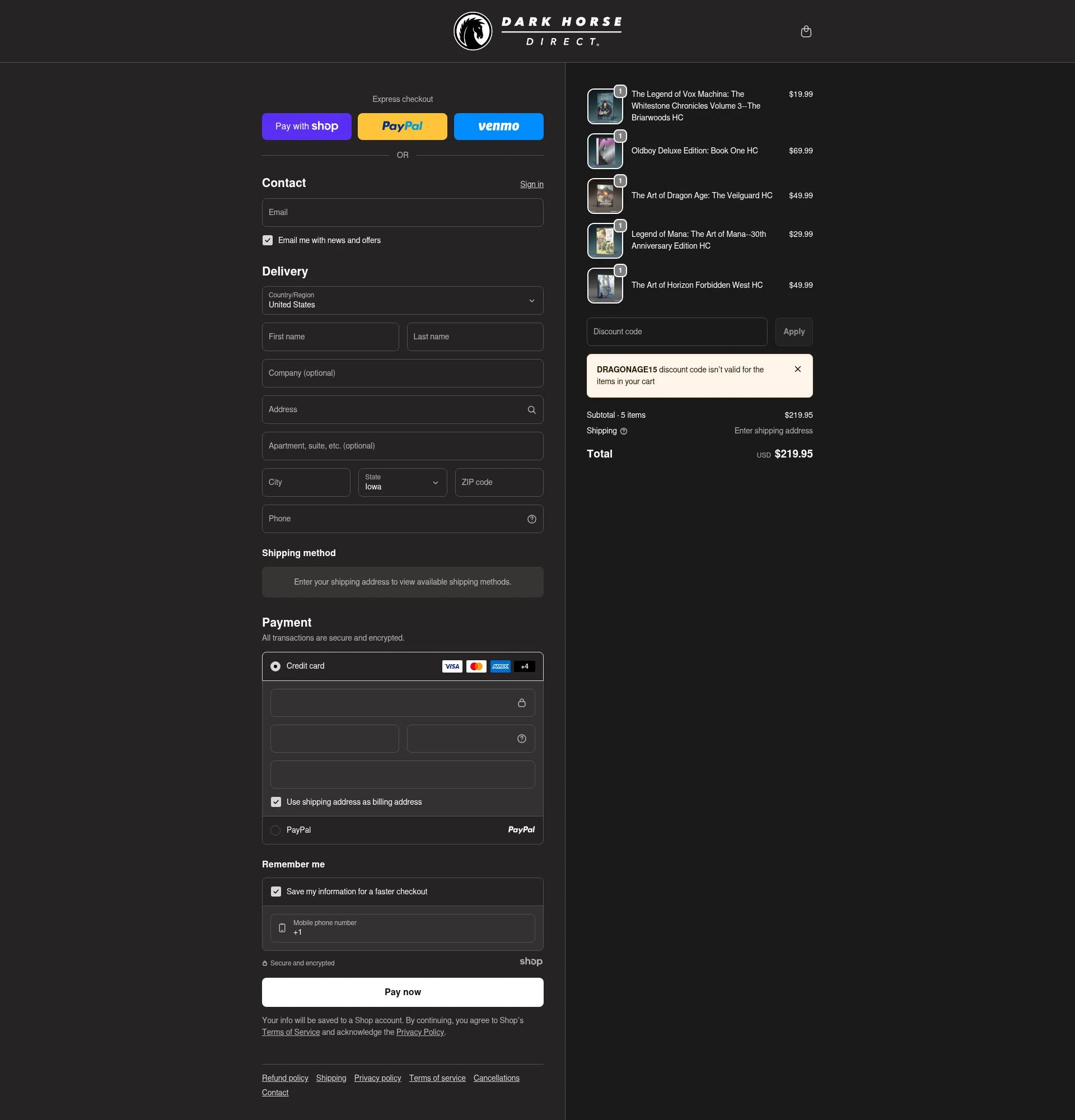 Dark Horse Comics checkout page showing Dark Horse Comics discount code box | Screenshot taken by SimplyCodes community member on Jan 12, 2026