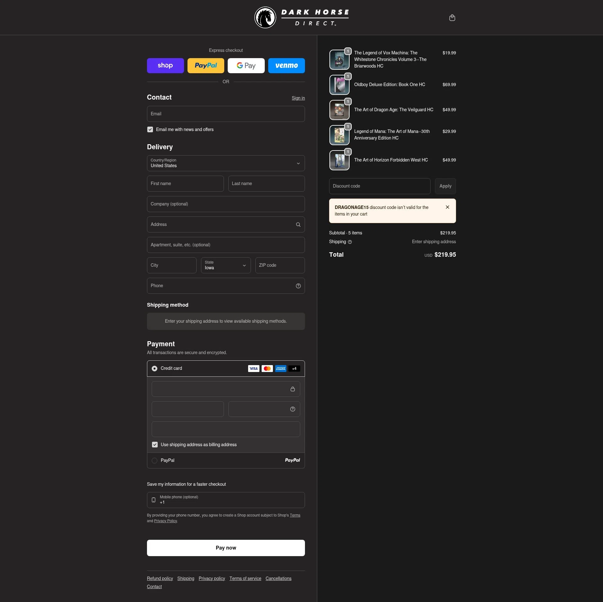Dark Horse Comics checkout page showing Dark Horse Comics discount code box | Screenshot taken by SimplyCodes community member on Feb 4, 2026