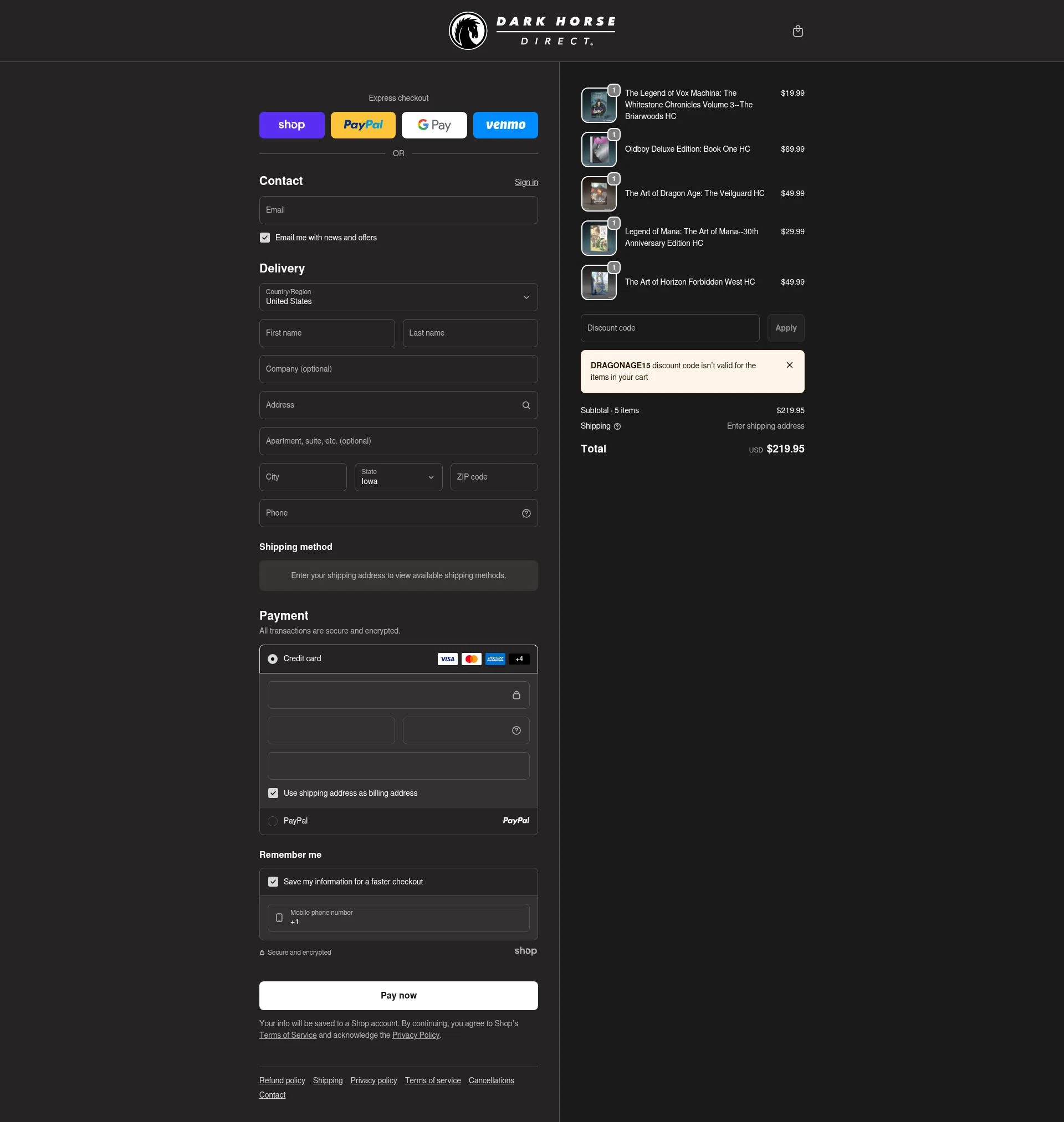 Dark Horse Comics checkout page showing Dark Horse Comics discount code box | Screenshot taken by SimplyCodes community member on Jan 22, 2026