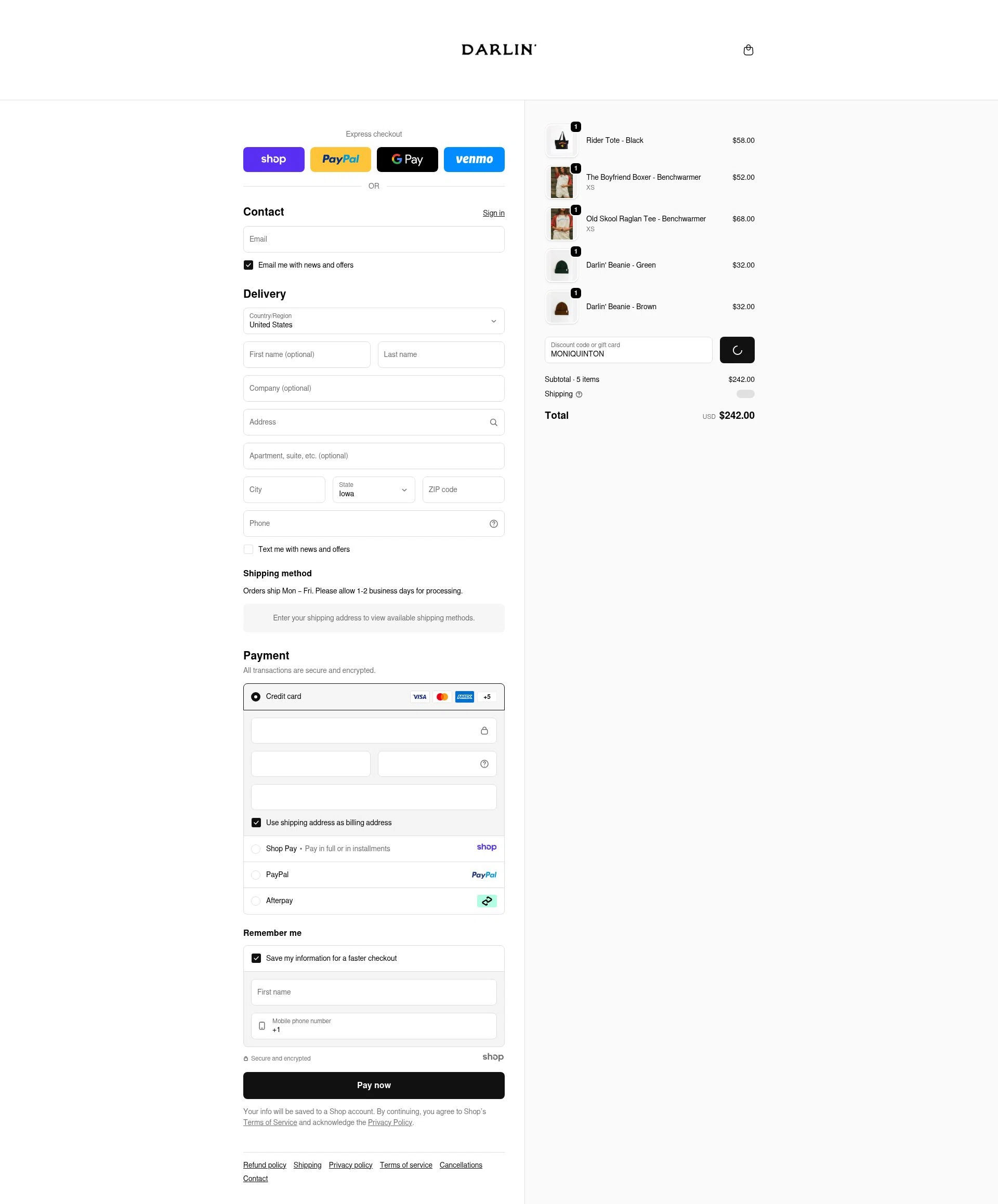 DARLIN' Swimwear checkout page showing DARLIN' Swimwear coupon code box | Screenshot taken by SimplyCodes community member on Jan 16, 2026