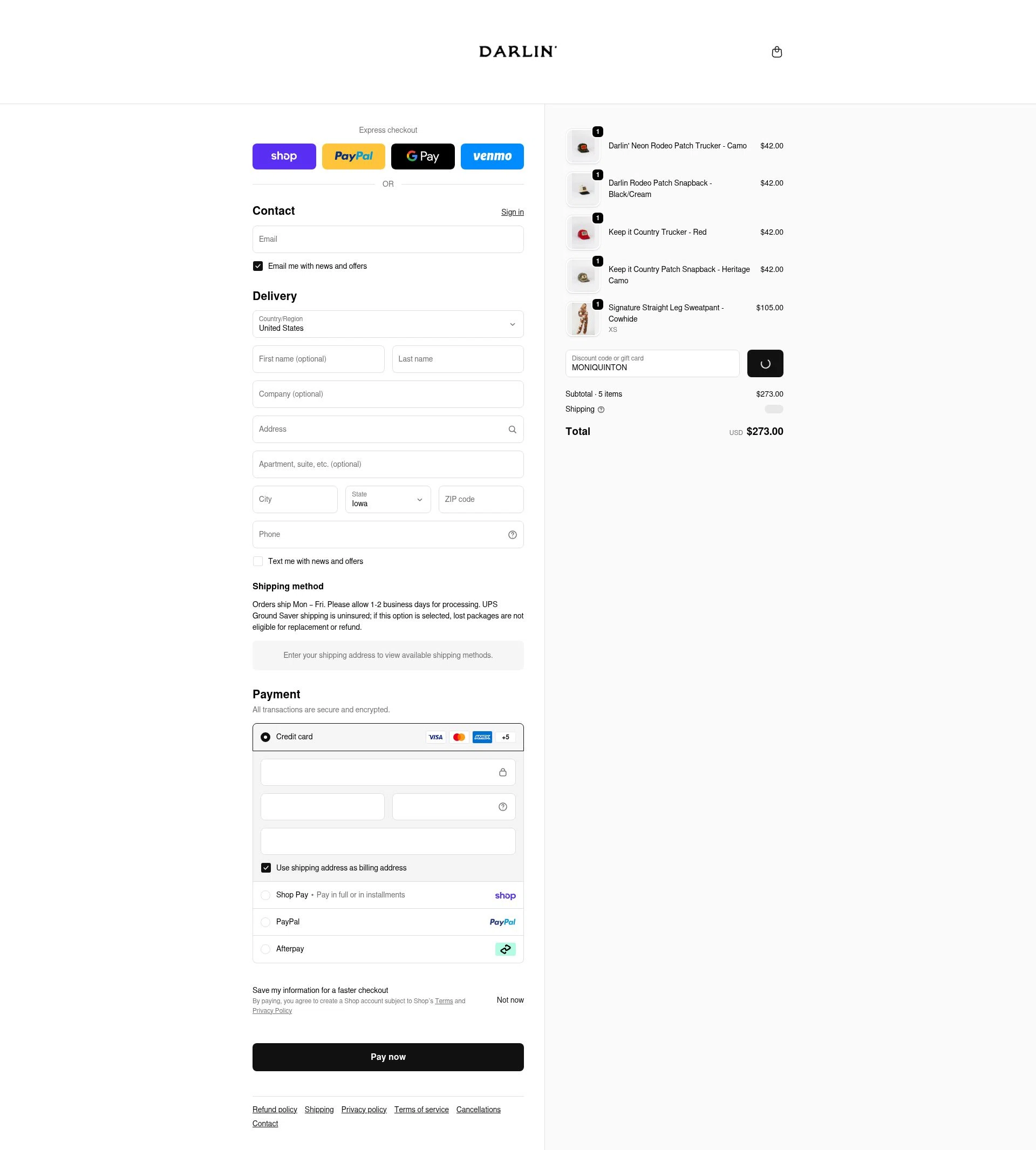 DARLIN' Swimwear checkout page showing DARLIN' Swimwear coupon code box | Screenshot taken by SimplyCodes community member on Feb 16, 2026
