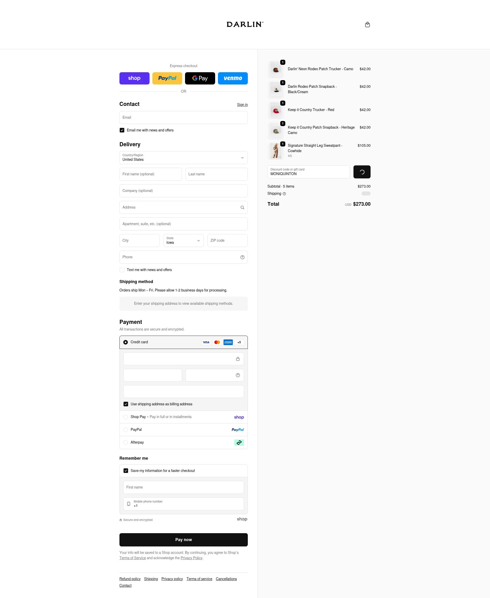 DARLIN' Swimwear checkout page showing DARLIN' Swimwear coupon code box | Screenshot taken by SimplyCodes community member on Jan 30, 2026