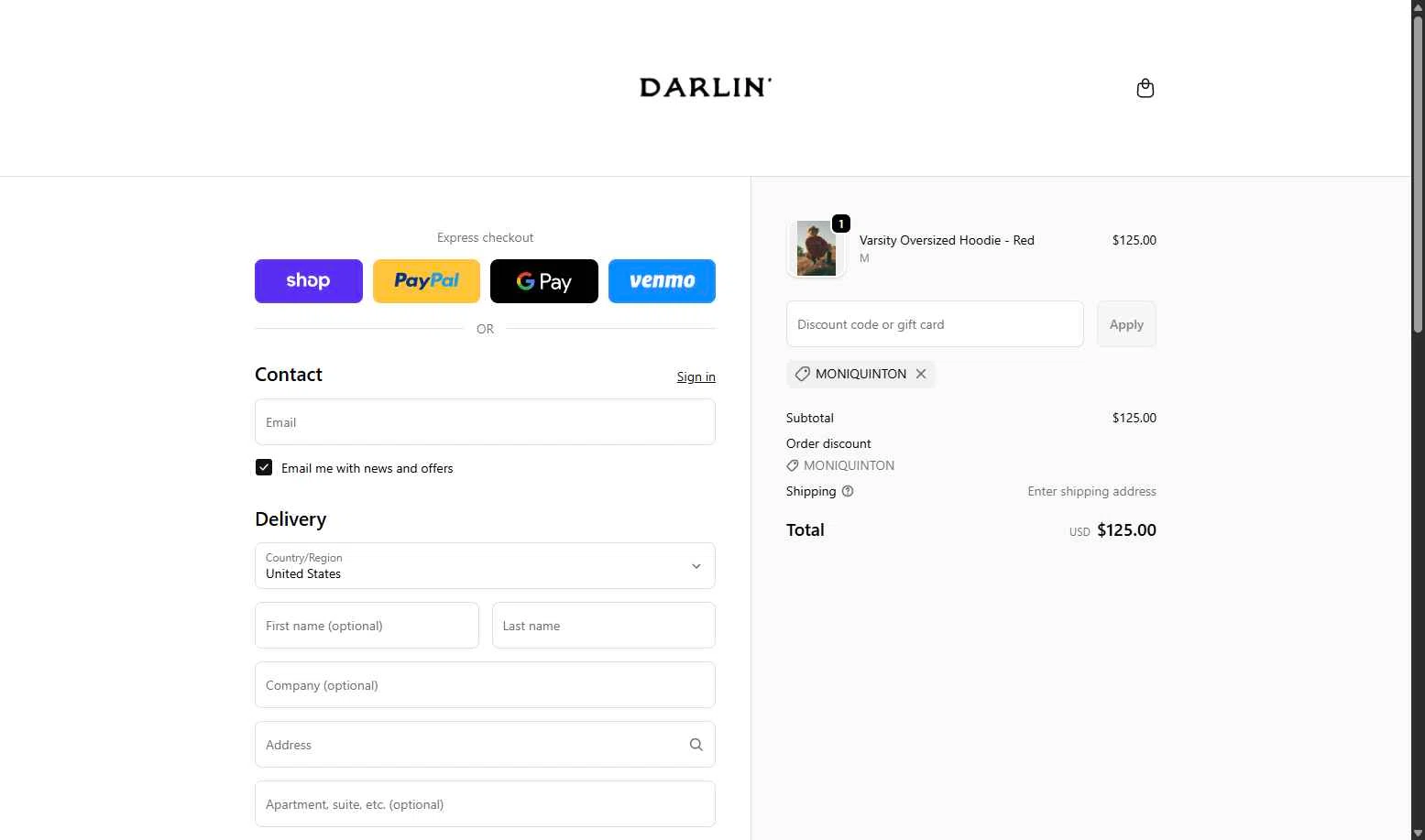 DARLIN' Swimwear checkout page showing DARLIN' Swimwear coupon code box | Screenshot taken by SimplyCodes community member on Jan 22, 2026