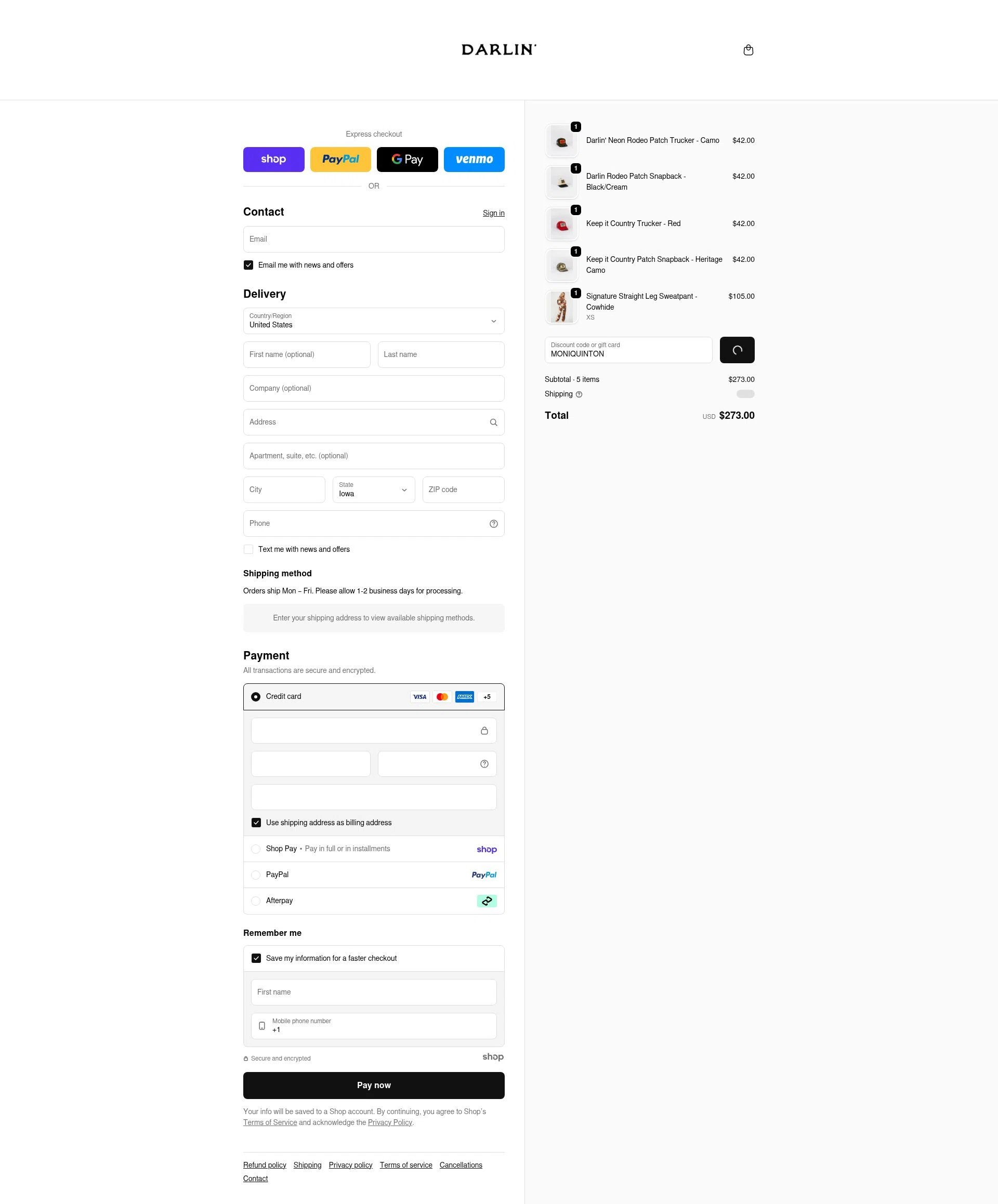 DARLIN' Swimwear checkout page showing DARLIN' Swimwear coupon code box | Screenshot taken by SimplyCodes community member on Jan 21, 2026