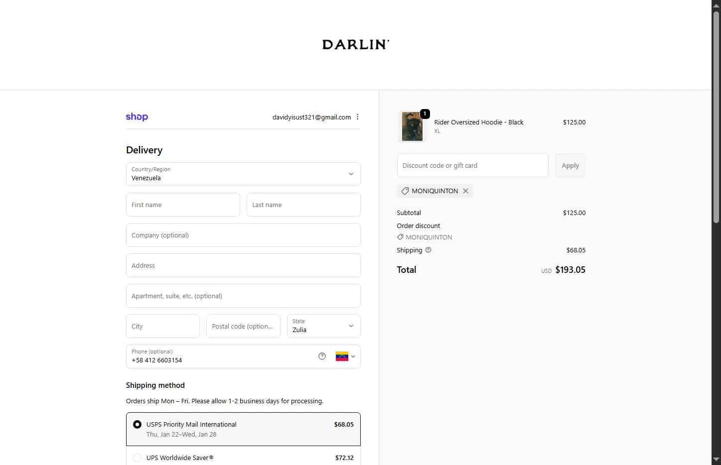 DARLIN' Swimwear checkout page showing DARLIN' Swimwear coupon code box | Screenshot taken by SimplyCodes community member on Jan 12, 2026