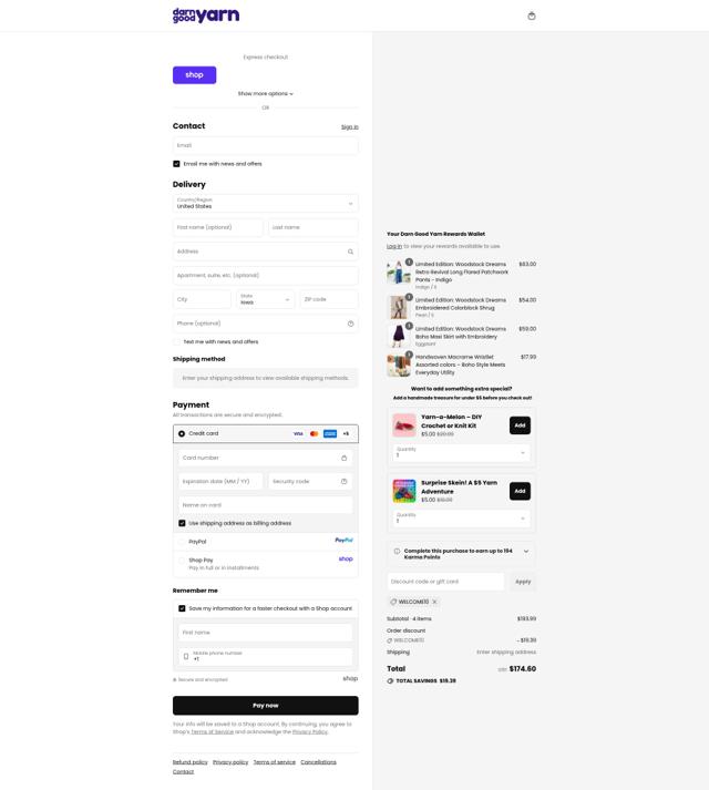 Darn Good Yarn checkout page showing Darn Good Yarn promo code box | Screenshot taken by SimplyCodes community member on Sep 13, 2025