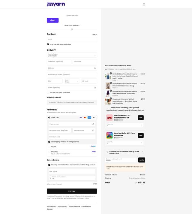 Darn Good Yarn checkout page showing Darn Good Yarn promo code box | Screenshot taken by SimplyCodes community member on Sep 13, 2025