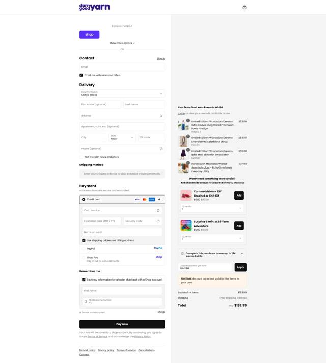 Darn Good Yarn checkout page showing Darn Good Yarn promo code box | Screenshot taken by SimplyCodes community member on Sep 13, 2025