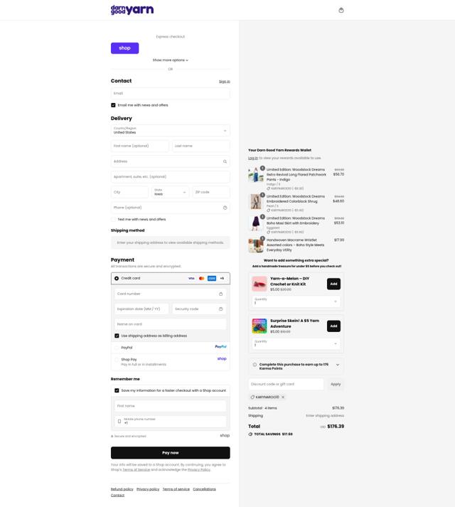 Darn Good Yarn checkout page showing Darn Good Yarn promo code box | Screenshot taken by SimplyCodes community member on Sep 13, 2025