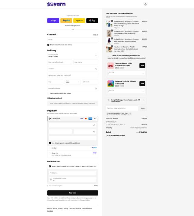 Darn Good Yarn checkout page showing Darn Good Yarn promo code box | Screenshot taken by SimplyCodes community member on Sep 13, 2025