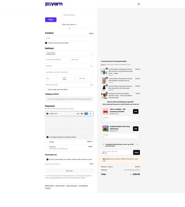 Darn Good Yarn checkout page showing Darn Good Yarn promo code box | Screenshot taken by SimplyCodes community member on Sep 13, 2025