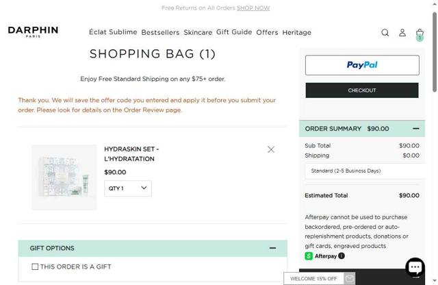 Darphin checkout page showing Darphin promo code box | Screenshot taken by SimplyCodes community member on May 15, 2025