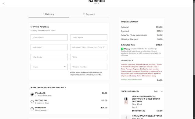 Darphin checkout page showing Darphin promo code box | Screenshot taken by SimplyCodes community member on Jun 23, 2025