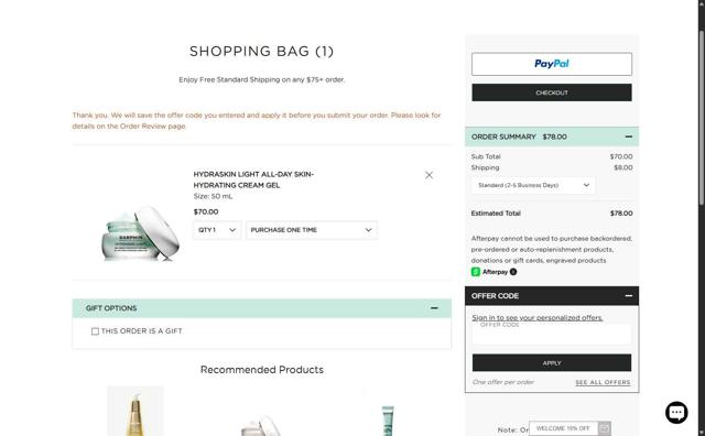 Darphin checkout page showing Darphin promo code box | Screenshot taken by SimplyCodes community member on Sep 9, 2025