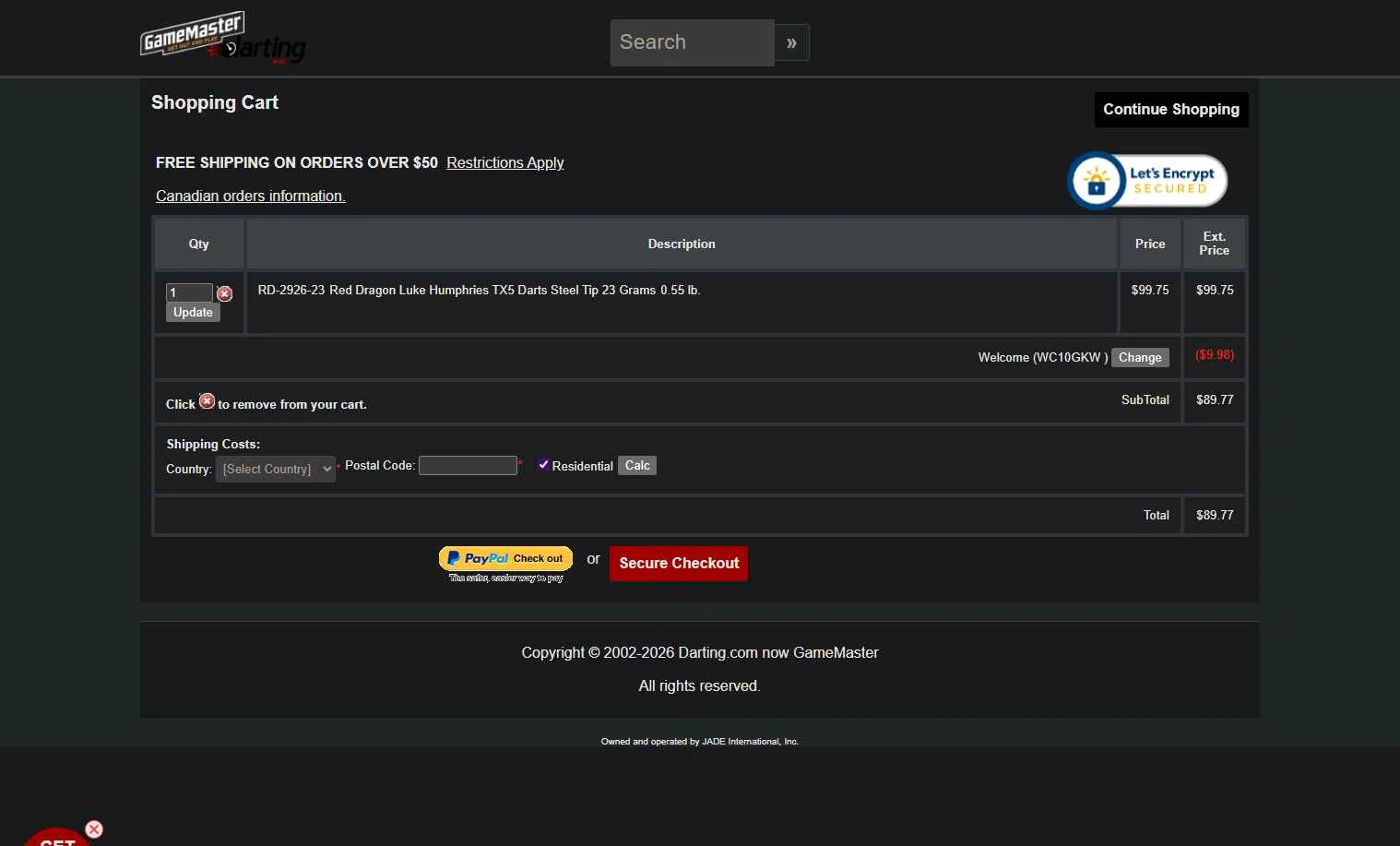 Darting.com checkout page showing Darting.com coupon code box | Screenshot taken by SimplyCodes community member on Feb 6, 2026