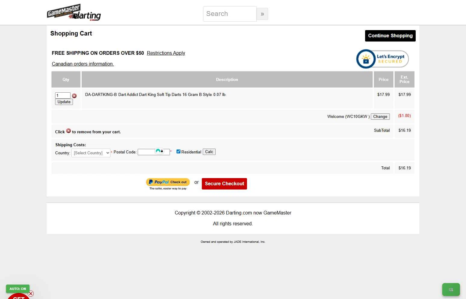 Darting.com checkout page showing Darting.com coupon code box | Screenshot taken by SimplyCodes community member on Jan 26, 2026
