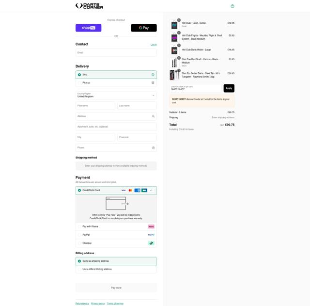 Darts Corner checkout page showing Darts Corner discount code box | Screenshot taken by SimplyCodes community member on Aug 15, 2025