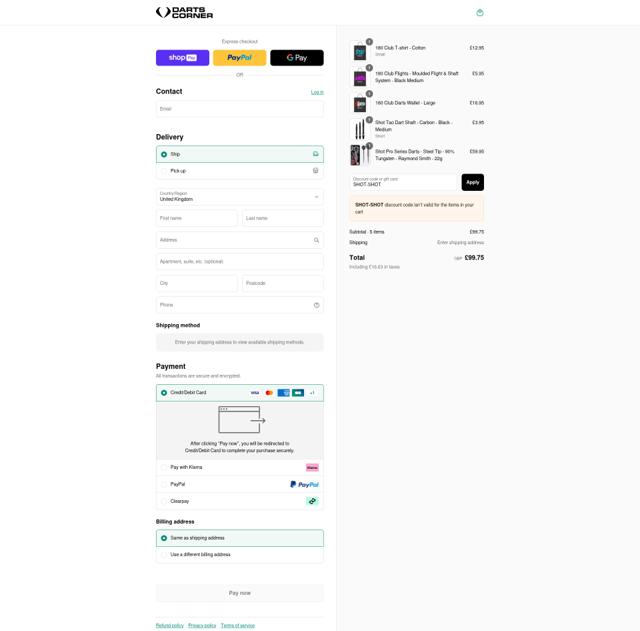 Darts Corner checkout page showing Darts Corner discount code box | Screenshot taken by SimplyCodes community member on Jul 31, 2025