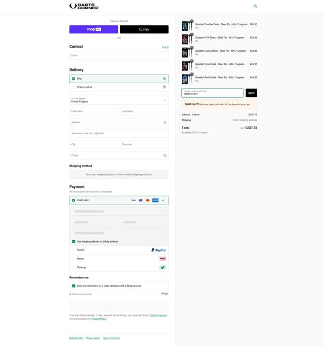Darts Corner checkout page showing Darts Corner discount code box | Screenshot taken by SimplyCodes community member on Feb 20, 2025
