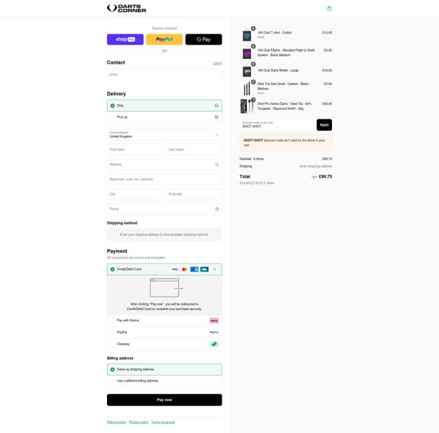 Darts Corner checkout page showing Darts Corner discount code box | Screenshot taken by SimplyCodes community member on Aug 26, 2025