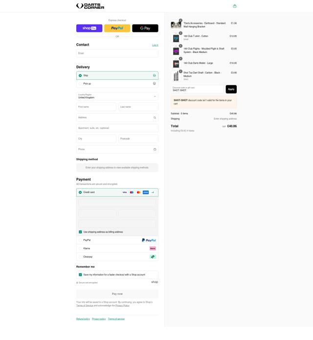 Darts Corner checkout page showing Darts Corner discount code box | Screenshot taken by SimplyCodes community member on Jul 28, 2025