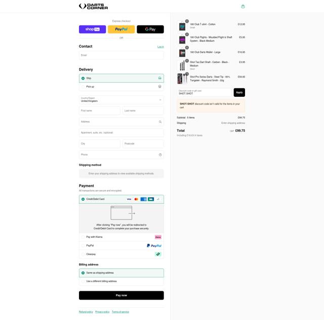 Darts Corner checkout page showing Darts Corner discount code box | Screenshot taken by SimplyCodes community member on Aug 11, 2025