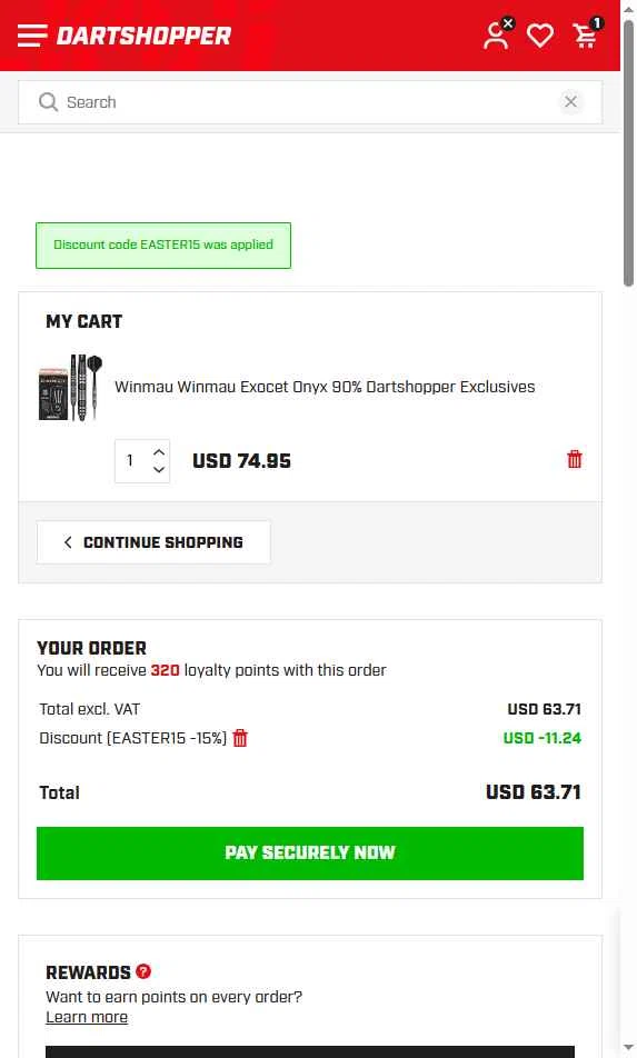 Dartshopper checkout page showing Dartshopper discount code box | Screenshot taken by SimplyCodes community member on Apr 20, 2025