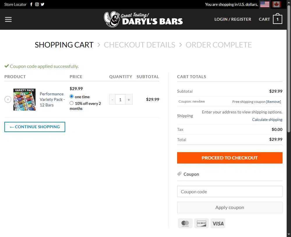 Daryl's Bars checkout page showing Daryl's Bars coupon code box | Screenshot taken by SimplyCodes community member on Jun 27, 2025