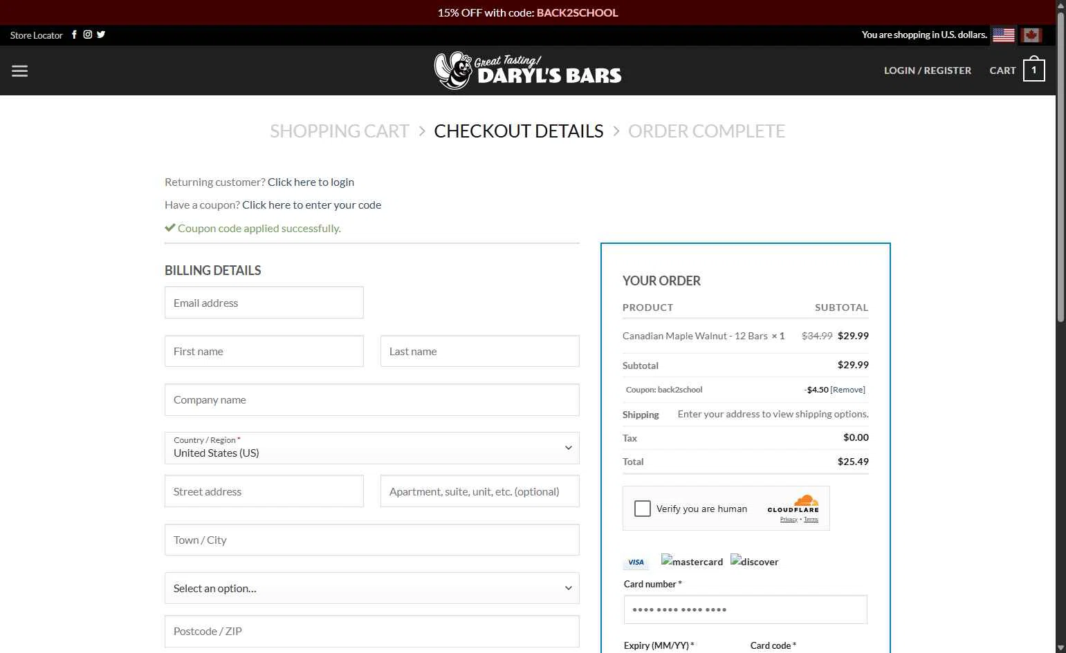Daryl's Bars checkout page showing Daryl's Bars coupon code box | Screenshot taken by SimplyCodes community member on Sep 4, 2025