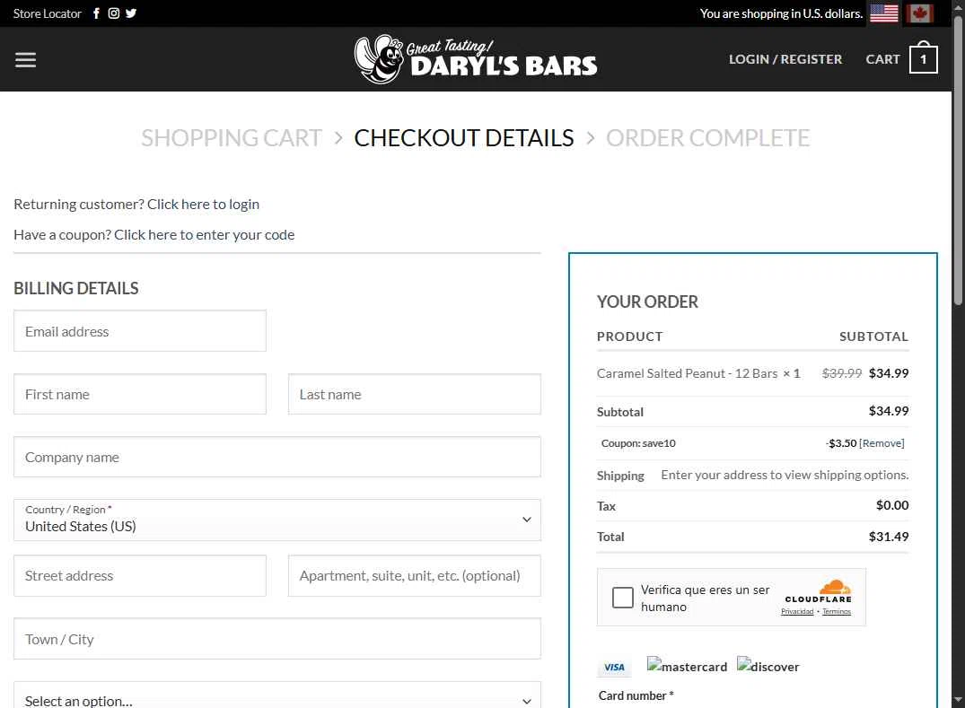Daryl's Bars checkout page showing Daryl's Bars coupon code box | Screenshot taken by SimplyCodes community member on Jan 29, 2026