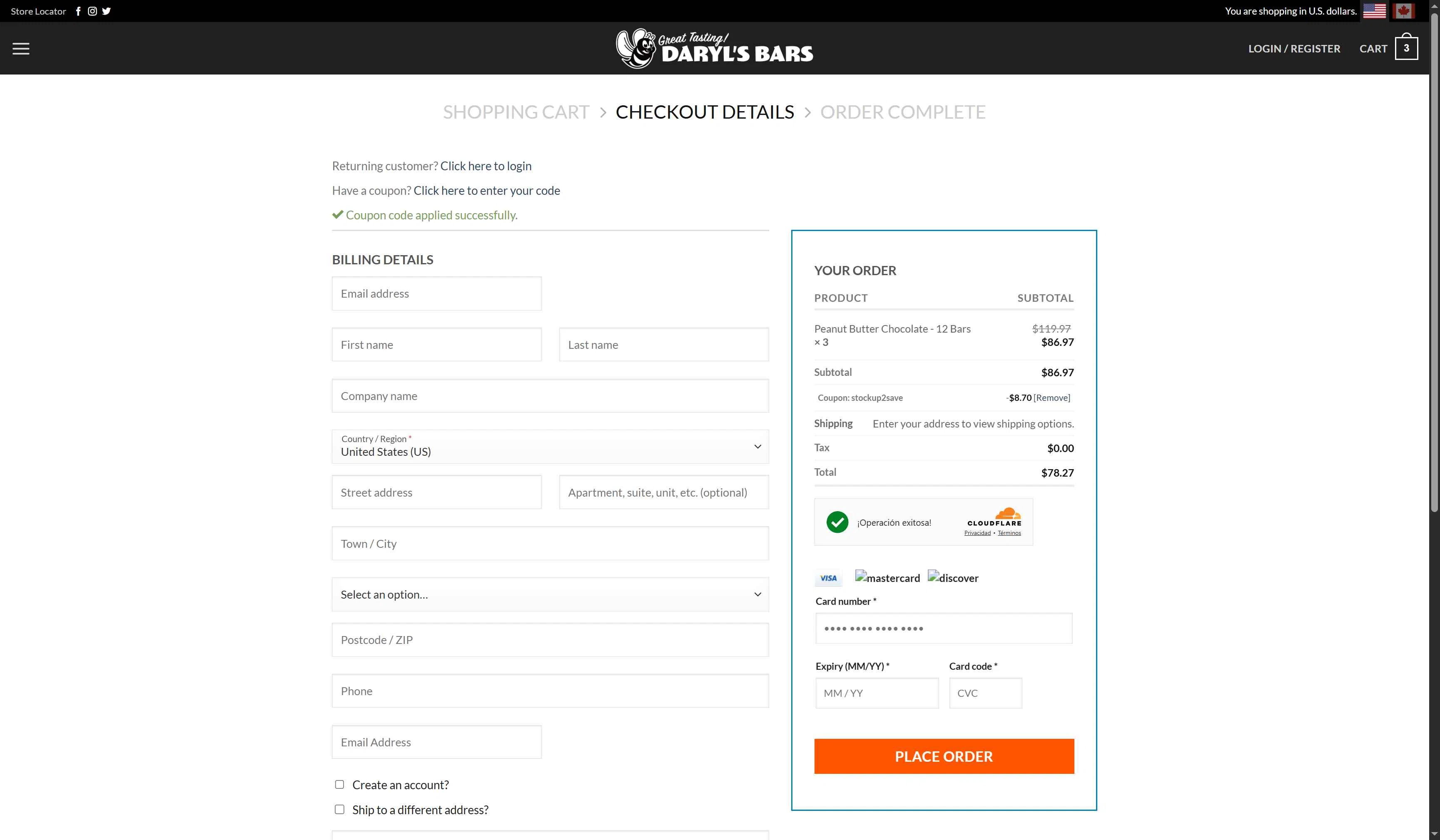 Daryl's Bars checkout page showing Daryl's Bars coupon code box | Screenshot taken by SimplyCodes community member on Jan 4, 2026