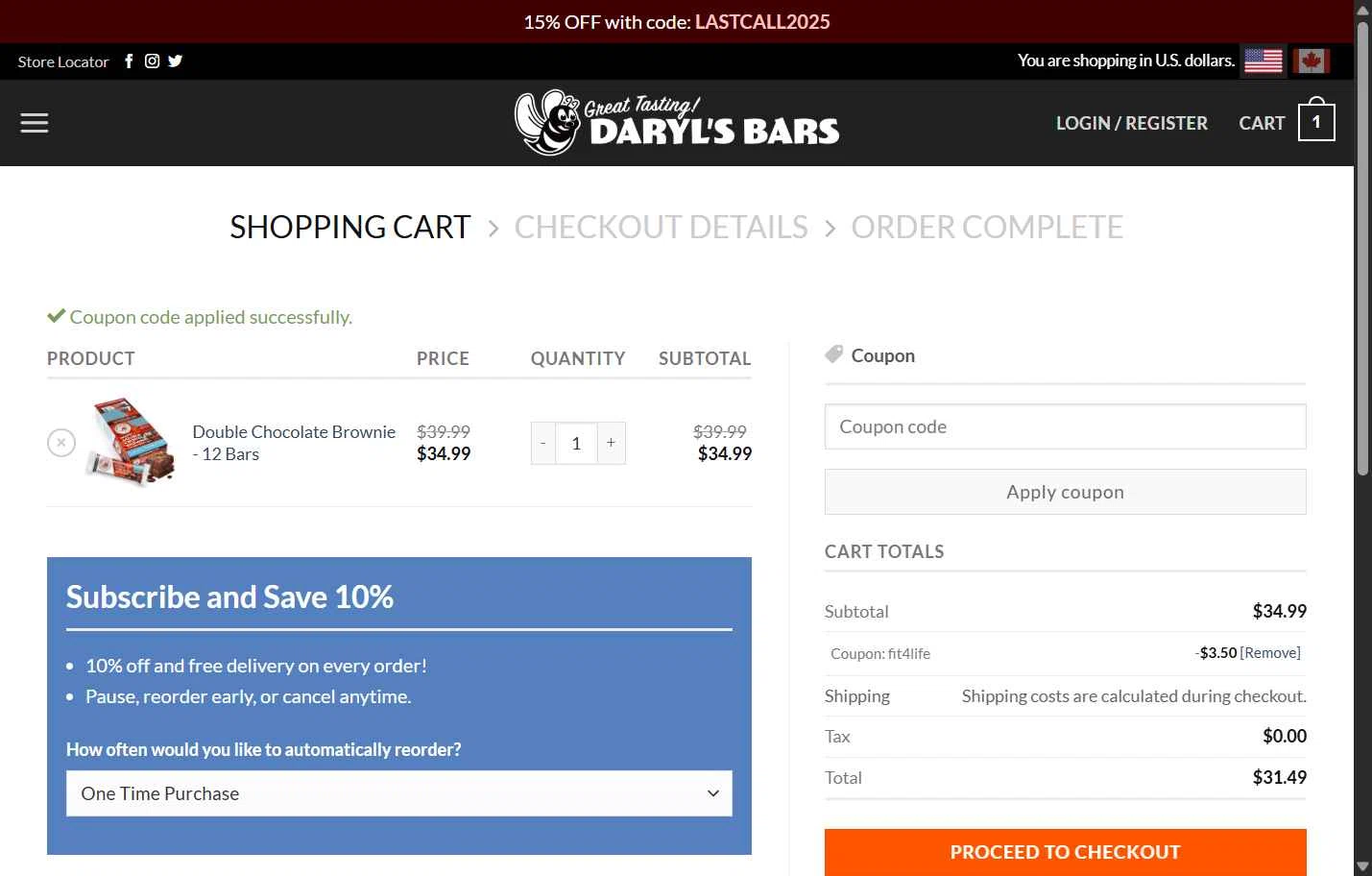 Daryl's Bars checkout page showing Daryl's Bars coupon code box | Screenshot taken by SimplyCodes community member on Jan 4, 2026