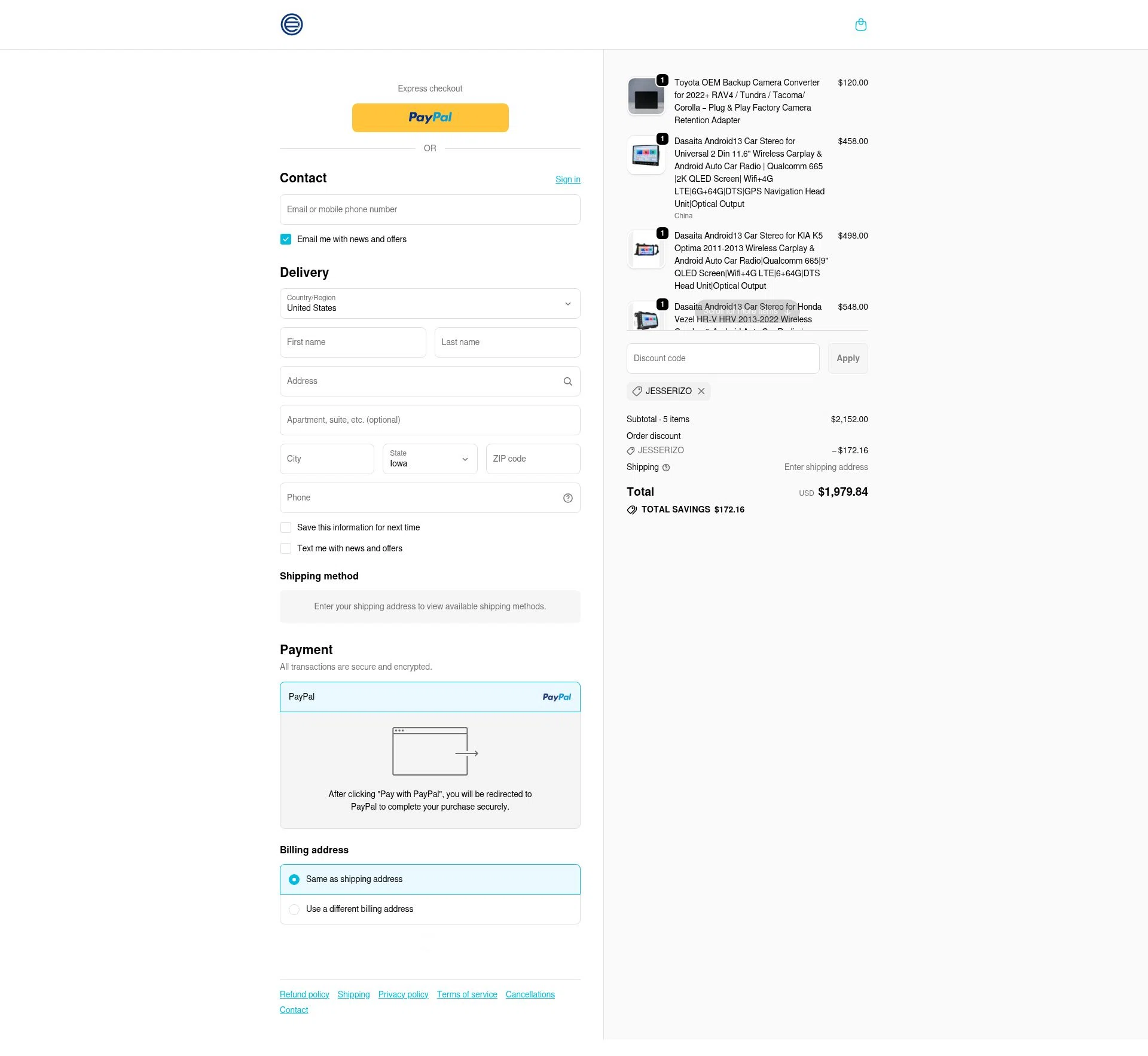 Dasaita checkout page showing Dasaita discount code box | Screenshot taken by SimplyCodes community member on Jan 3, 2026