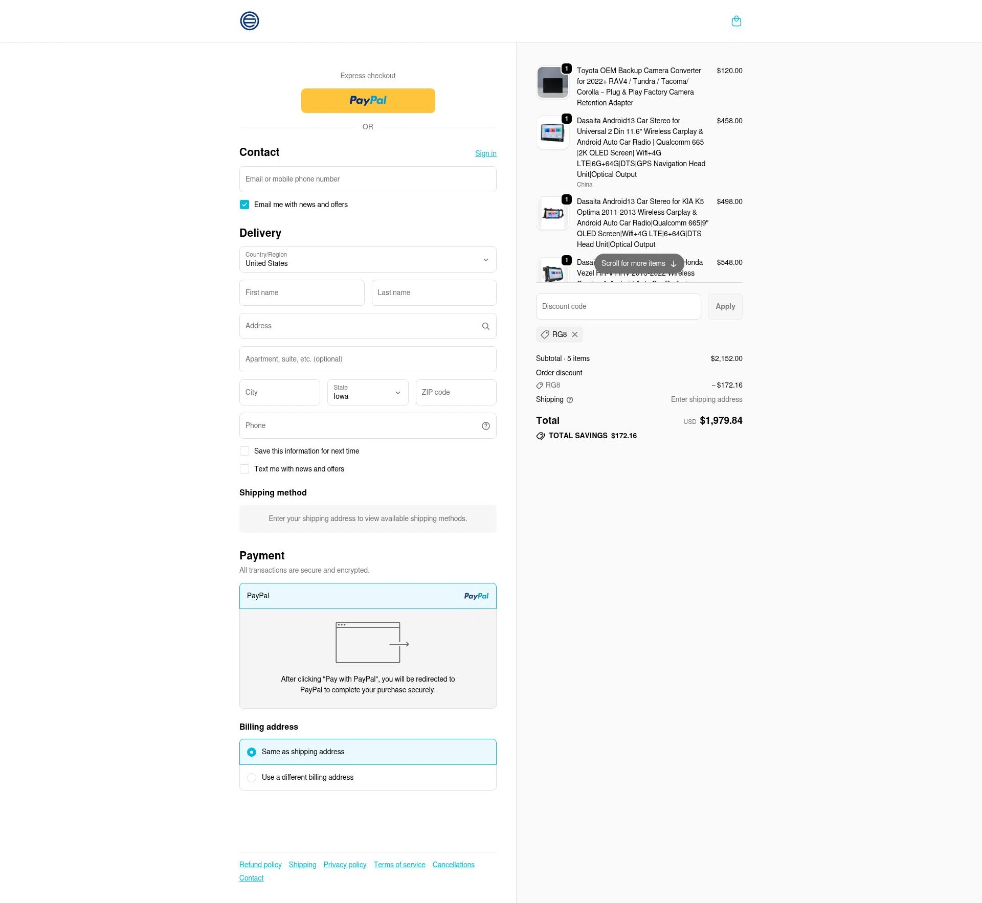 Dasaita checkout page showing Dasaita discount code box | Screenshot taken by SimplyCodes community member on Jan 3, 2026