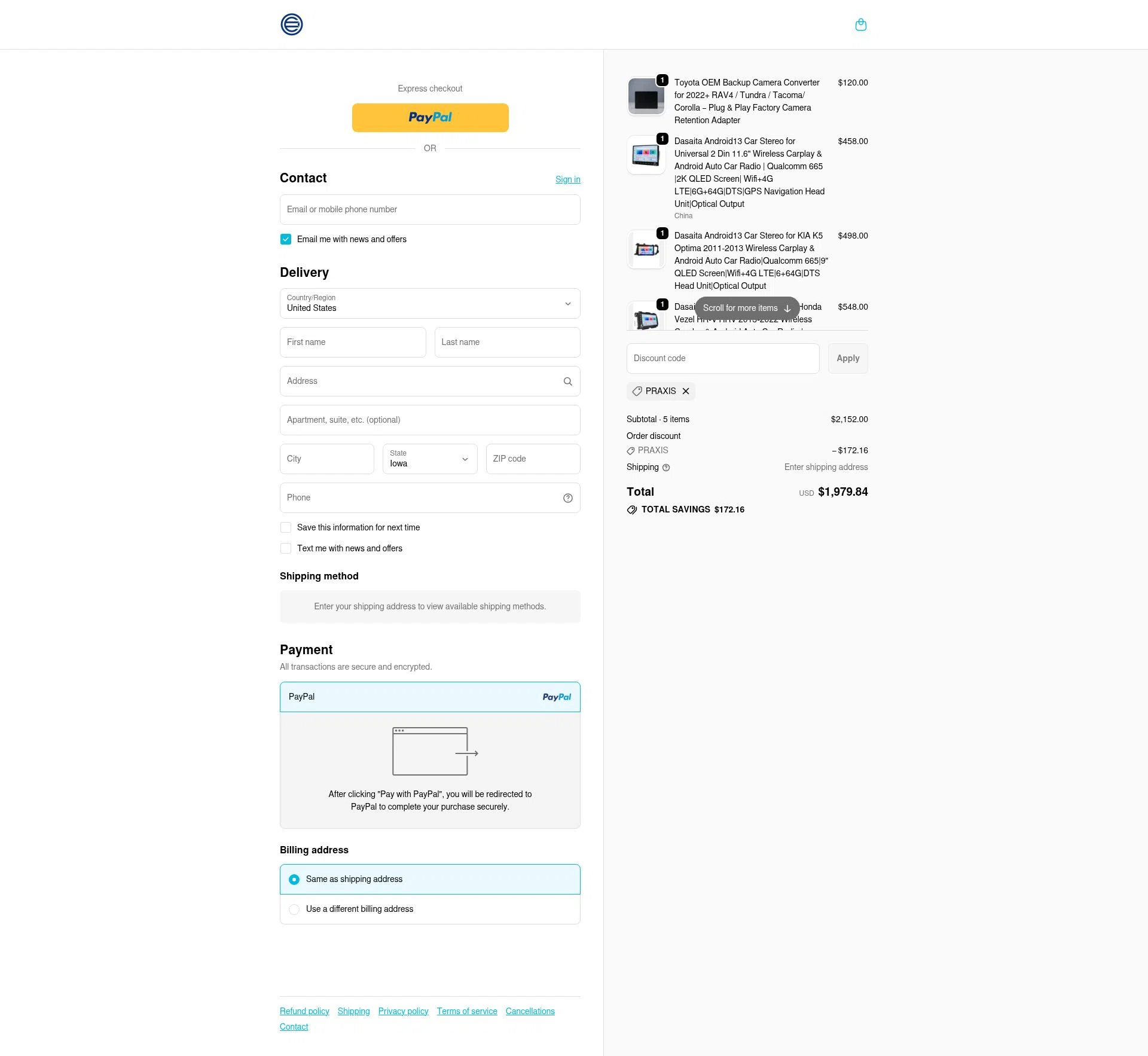 Dasaita checkout page showing Dasaita discount code box | Screenshot taken by SimplyCodes community member on Jan 3, 2026